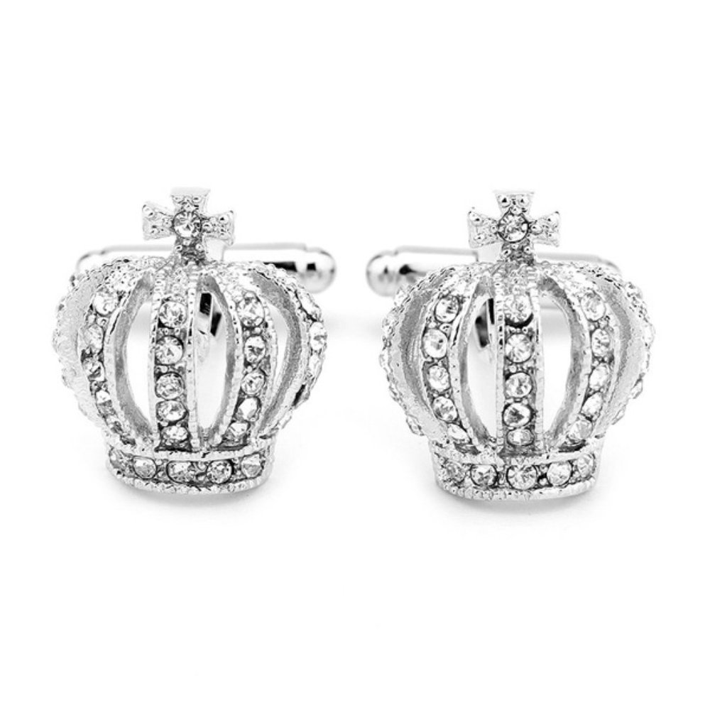 Vintage Rhinestone Silver Toned Crown Cuff Links